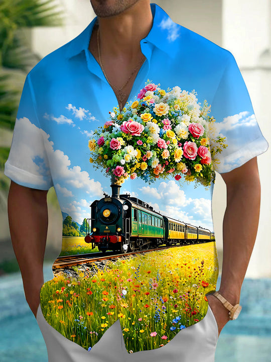 Flower Sea Fresh Flower Steam Train Men's Pocket Short Sleeve Shirts