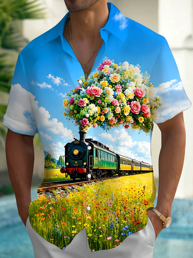 Flower Sea Fresh Flower Steam Train Men's Pocket Short Sleeve Shirts