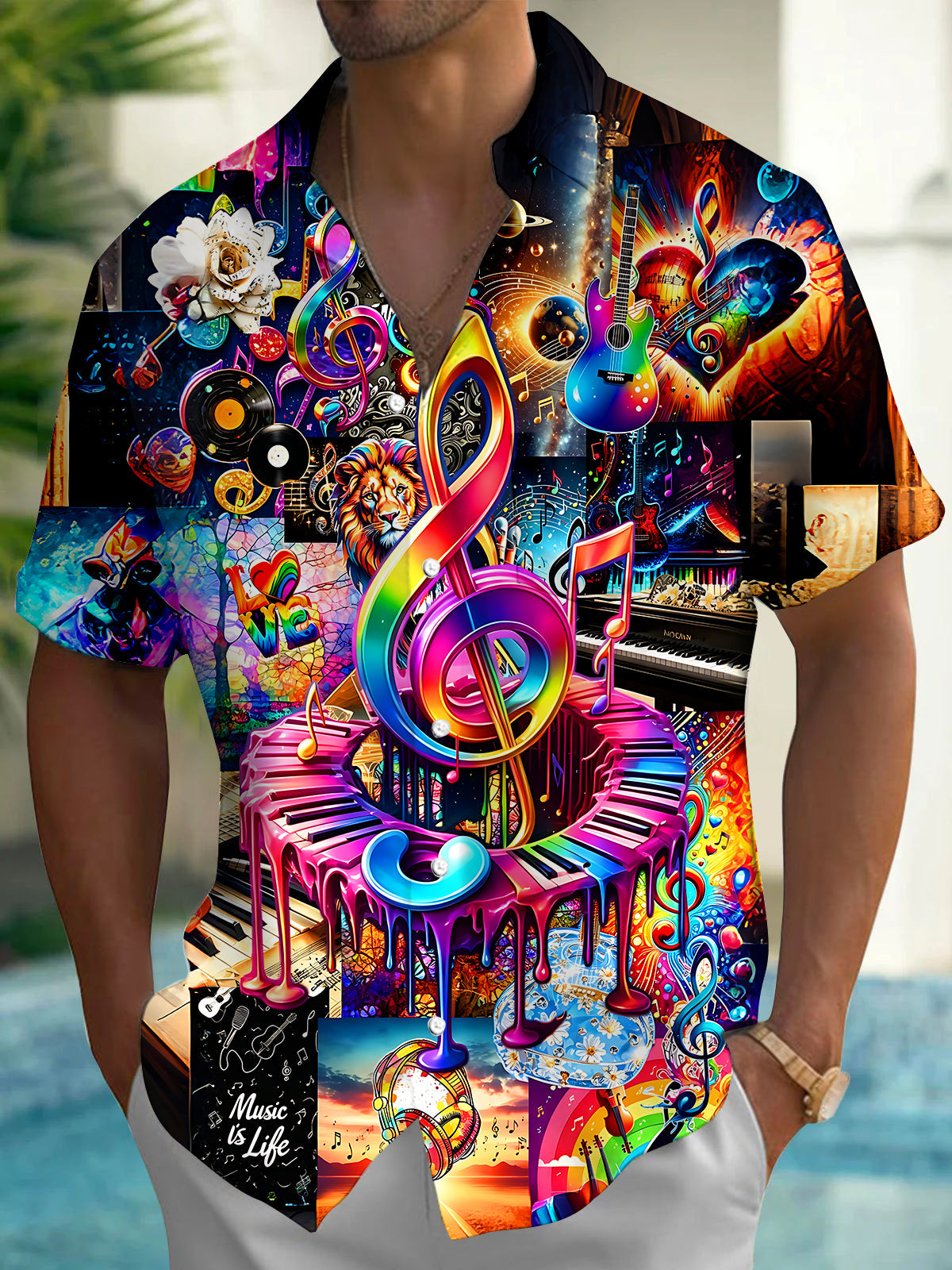 Trendy Colorful Music Note Graffiti Men's Pocket Short Sleeve Shirts