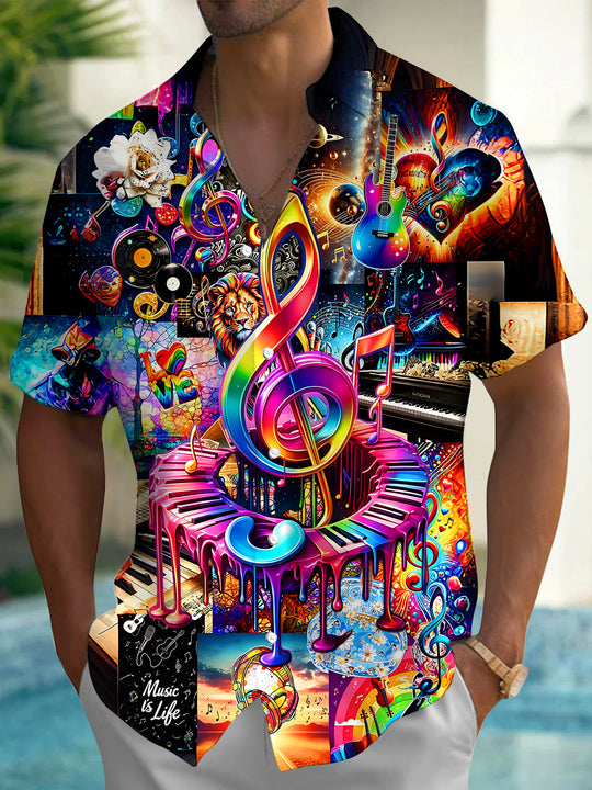 Trendy Colorful Music Note Graffiti Men's Pocket Short Sleeve Shirts
