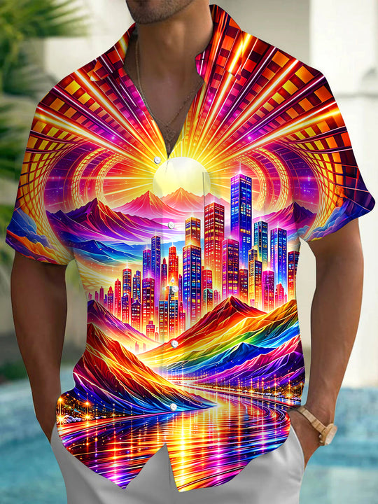Vintage Laser Neon Colorful City Mountain Landscape Men's Pocket Short Sleeve Shirts