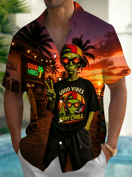 Fun Dark Hawaiian Sunset Beach Trendy Alien Men's Pocket Short Sleeve Shirts