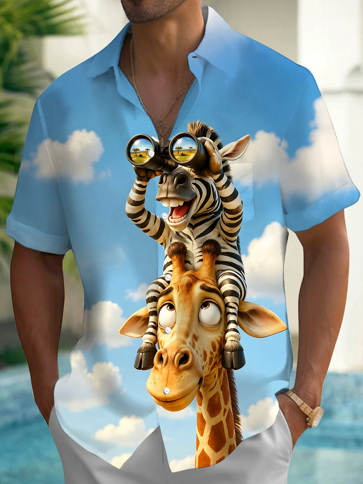 Fun Hawaiian Zebra And Giraffe Men's Pocket Short Sleeve Shirts