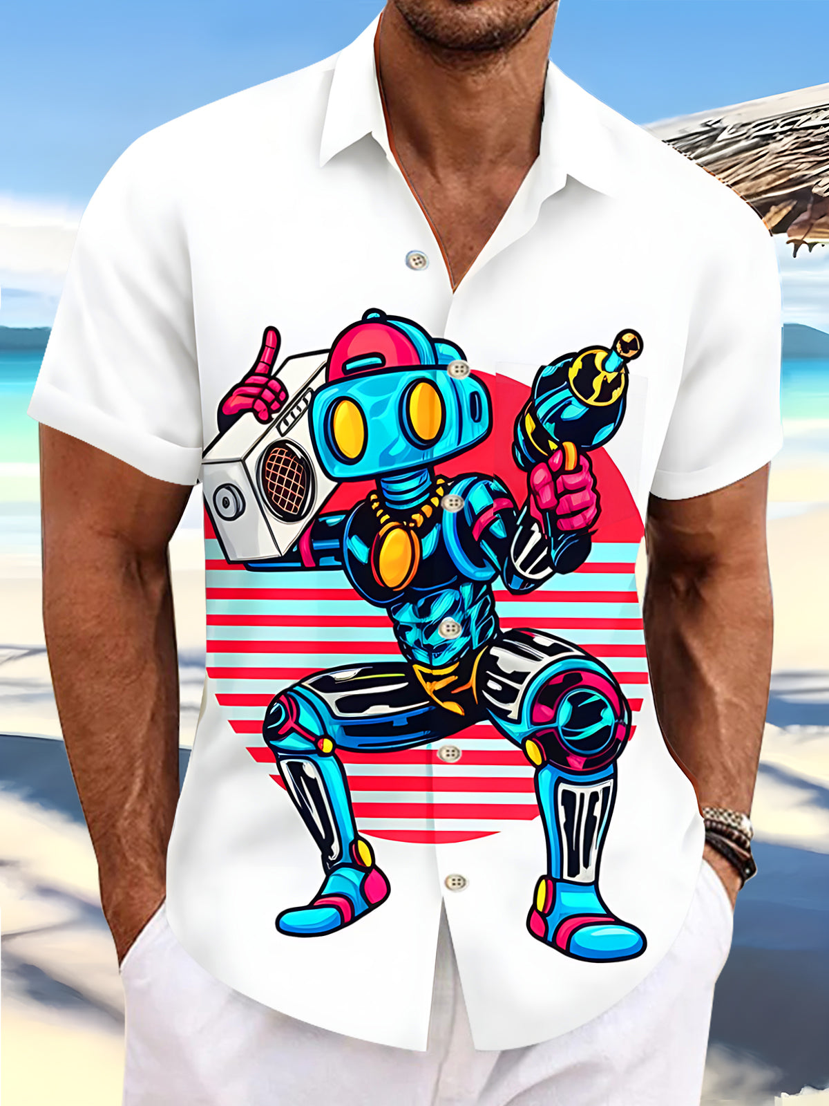 American Retro Hip Hop Robot Men's Pocket Short Sleeve Shirts