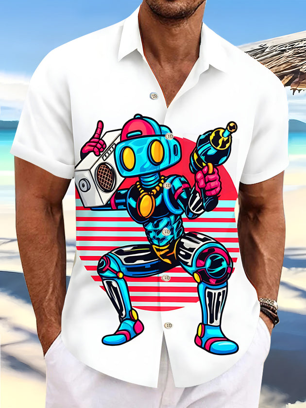 American Retro Hip Hop Robot Men's Pocket Short Sleeve Shirts