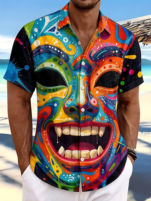 Colorful Pop Art Graffiti Human Face Mask Men's Pocket Short Sleeve Shirts