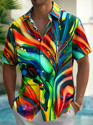 Adaychic Men's Green Abstract Colorful Swirl Print Short Sleeve Button Down Shirt with Chest Pocket