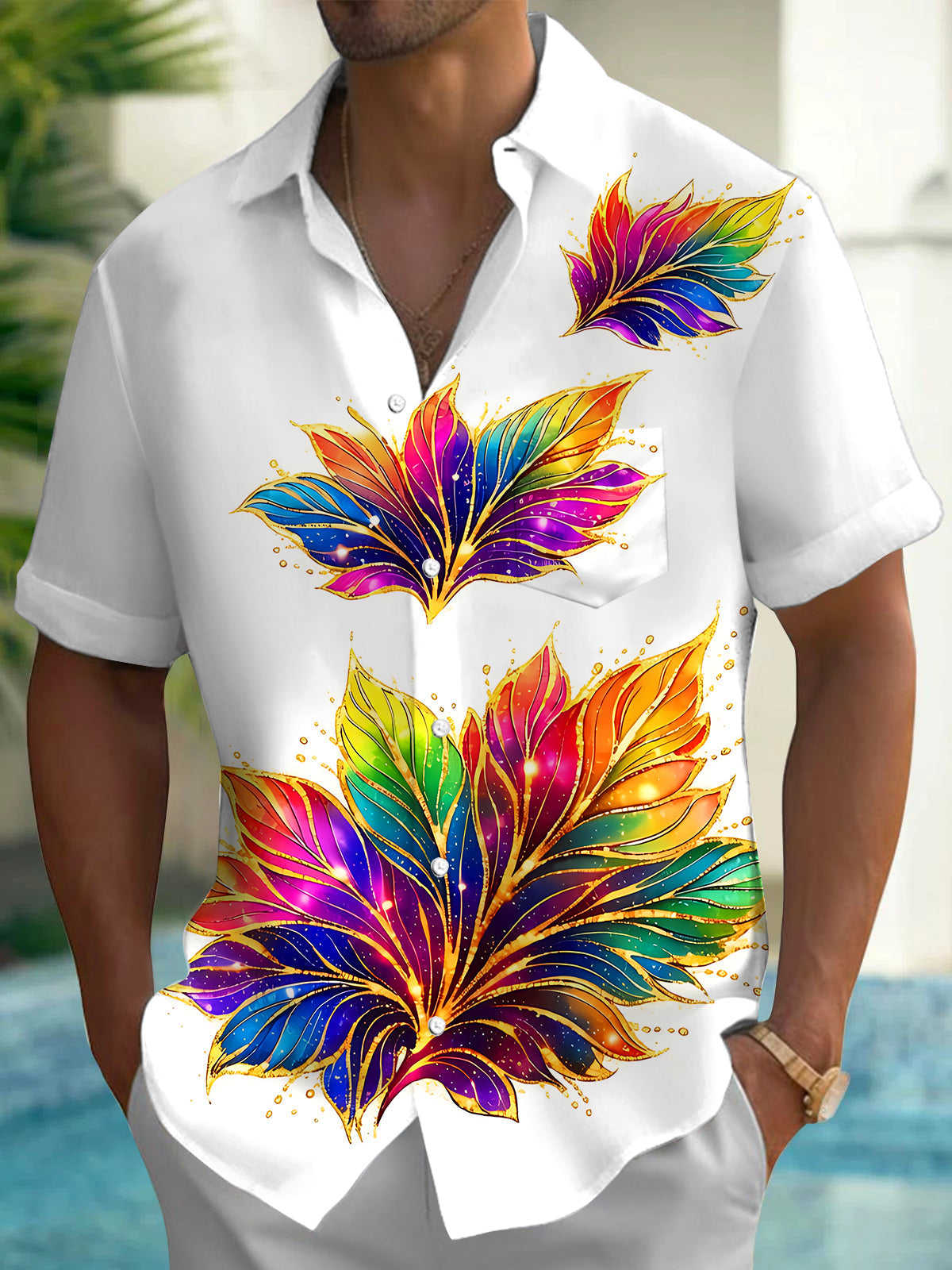 Art Gilded Gradient Iridescent Colorful Crystal Leaves Men's Pocket Short Sleeve Shirts