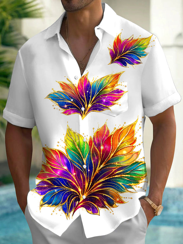 Art Gilded Gradient Iridescent Colorful Crystal Leaves Men's Pocket Short Sleeve Shirts