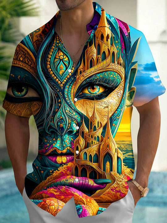 Art Abstract Colorful Fantasy Face Golden Castle Men's Pocket Short Sleeve Shirts