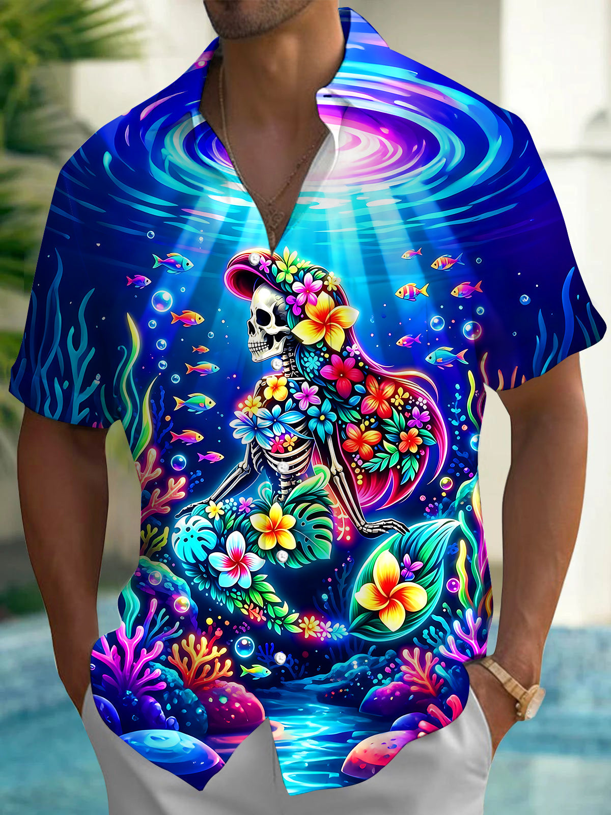 Fun Neon Underwater Floral Mermaid Skeleton Men's Pocket Short Sleeve Shirts