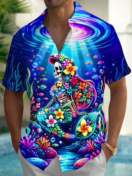 Fun Neon Underwater Floral Mermaid Skeleton Men's Pocket Short Sleeve Shirts