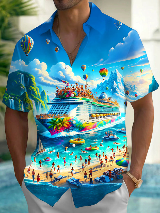 Hawaiian Island Cruise Vacation Hot Air Balloon Party Men's Pocket Short Sleeve Shirts