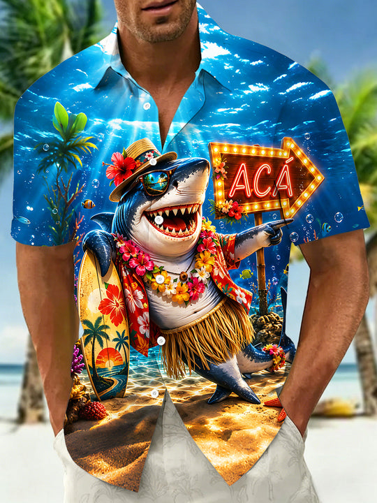 Fun Hawaiian Surfing Shark Signboard Men's Pocket Short Sleeve Shirts