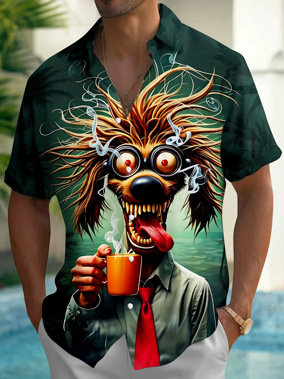 Fun Crazy Cartoon Dog With Coffee Mug Men's Pocket Short Sleeve Shirts