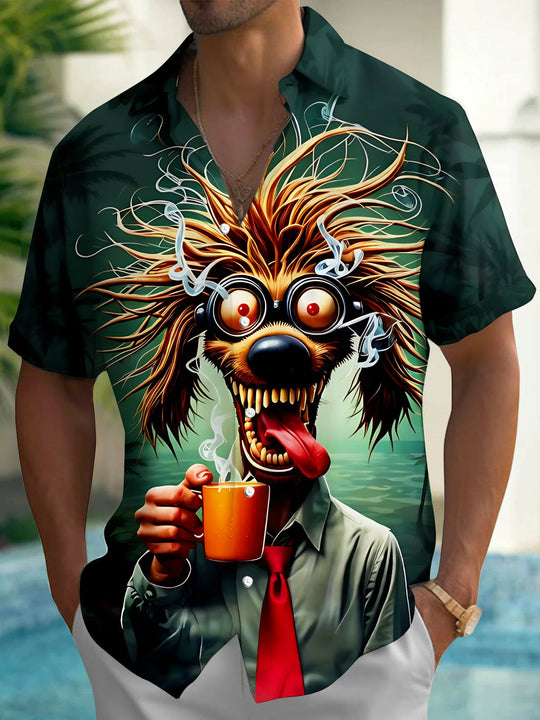 Fun Crazy Cartoon Dog With Coffee Mug Men's Pocket Short Sleeve Shirts