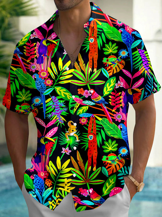Hawaiian Neon Vibrant Tropical Rainforest Animal Leaves And Flowers Men's Pocket Short Sleeve Shirts