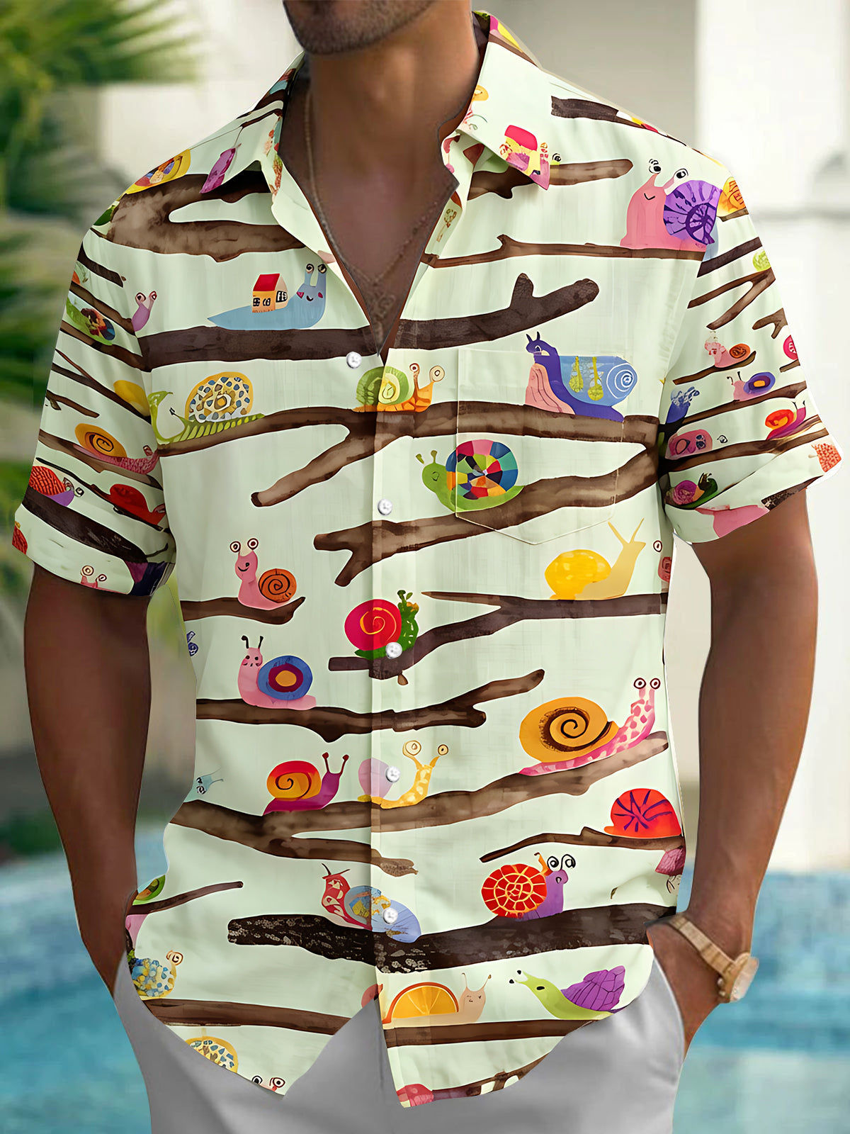 Fun Cartoon Colorful Snails On Branches Men's Pocket Short Sleeve Shirts