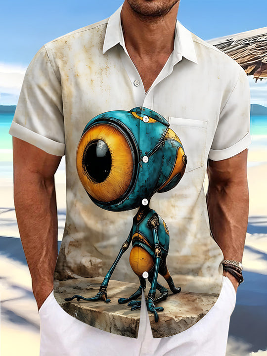 Fun Vintage Mechanical One-Eyed Alien Creature Men's Pocket Short Sleeve Shirts
