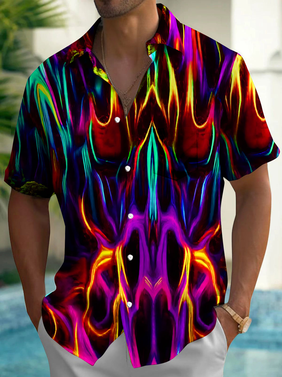 Vibrant Colorful Abstract Neon Liquid Flame Men's Pocket Short Sleeve Shirts