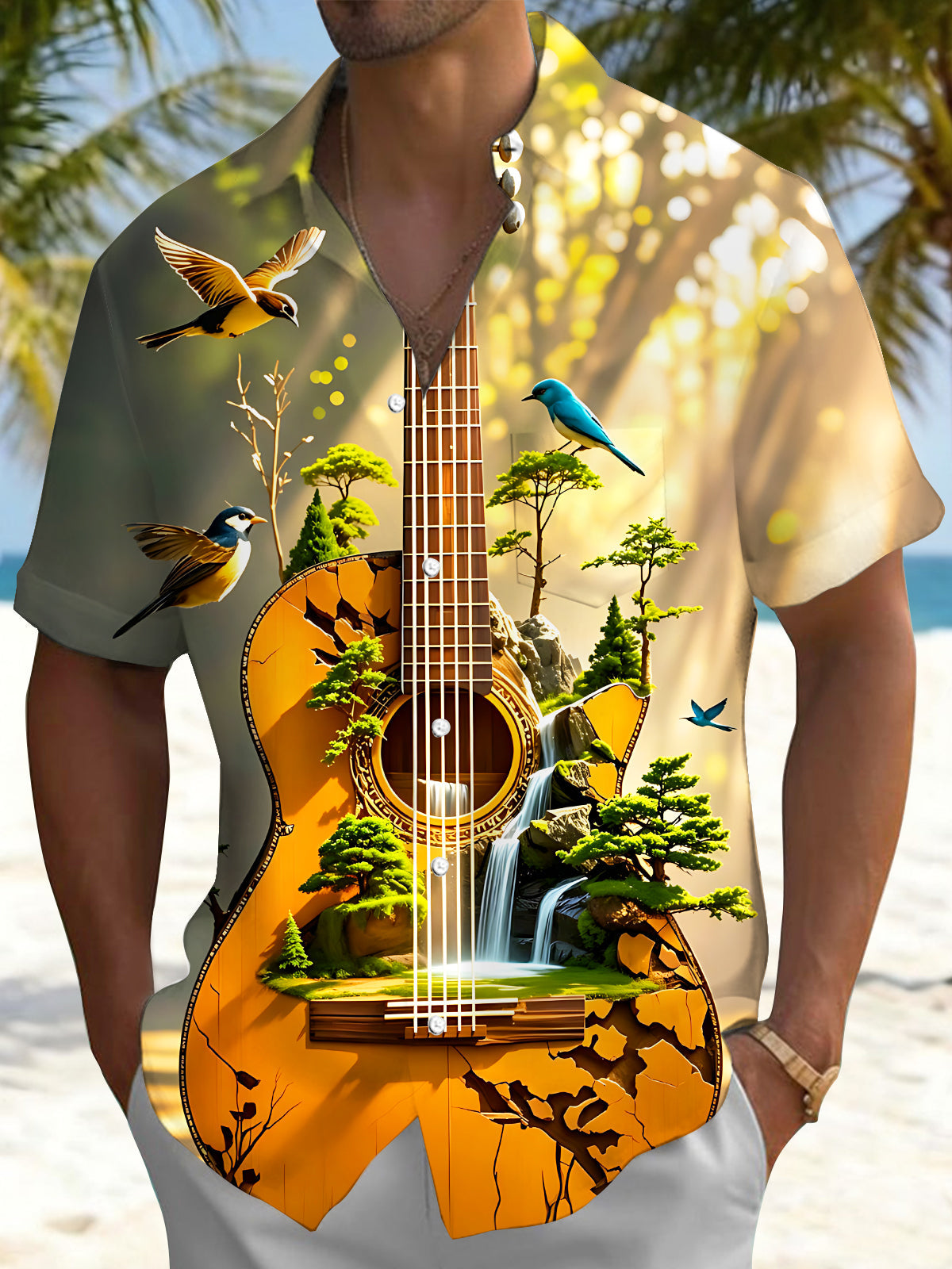 Art Landscape Waterfall Guitar And Flying Birds Men's Pocket Short Sleeve Shirts