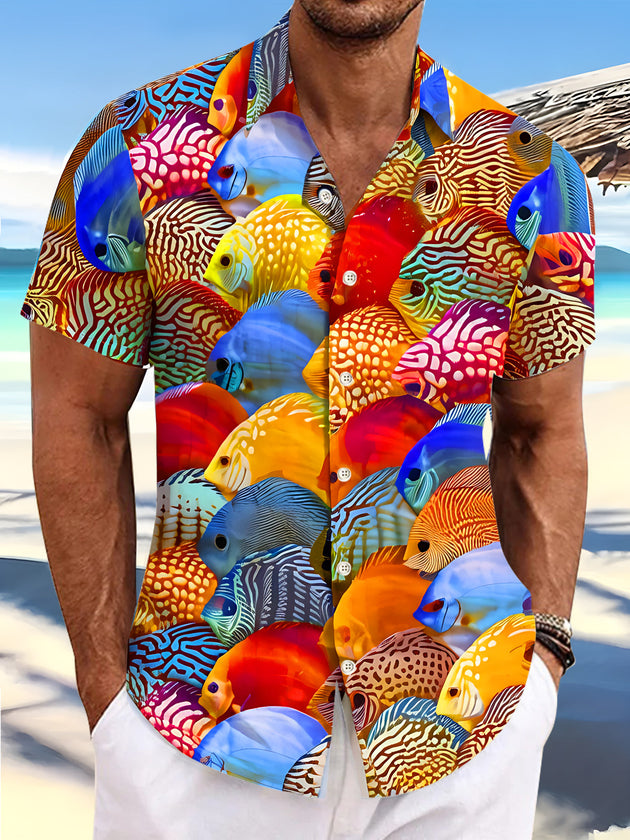 Hawaiian Colorful Discus Fish Men's Pocket Short Sleeve Shirts