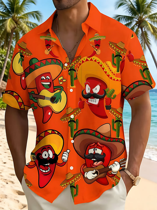 Fun Hawaiian Cartoon Chili Guitar Cactus Men's Pocket Short Sleeve Shirts