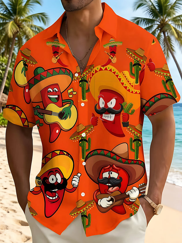 Fun Hawaiian Cartoon Chili Guitar Cactus Men's Pocket Short Sleeve Shirts