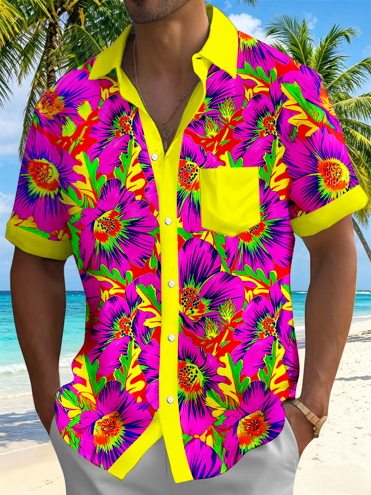Hawaiian Tropical Hibiscus Flower And Leaves Men's Pocket Short Sleeve Shirts