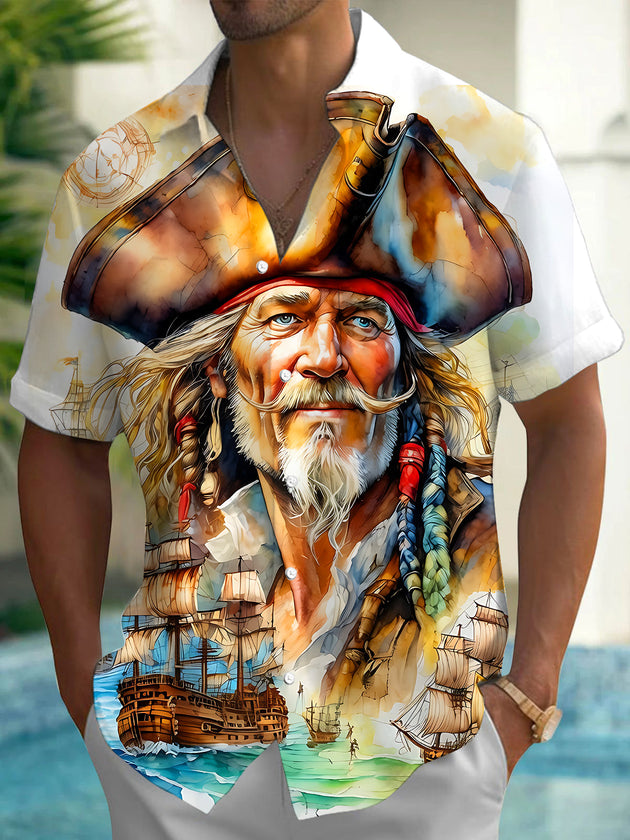 Vintage Pirate Captain Ancient Sailing Ship Men's Pocket Short Sleeve Shirts