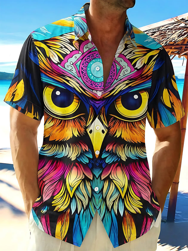 Hawaiian Vibrant Colorful Mandala Owl  Men's Pocket Short Sleeve Shirts