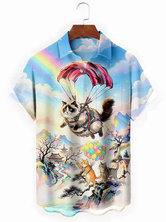 Fun Parachute Cats Mountain Landscape Men's Pocket Short Sleeve Shirts
