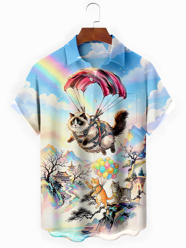 Fun Parachute Cats Mountain Landscape Men's Pocket Short Sleeve Shirts