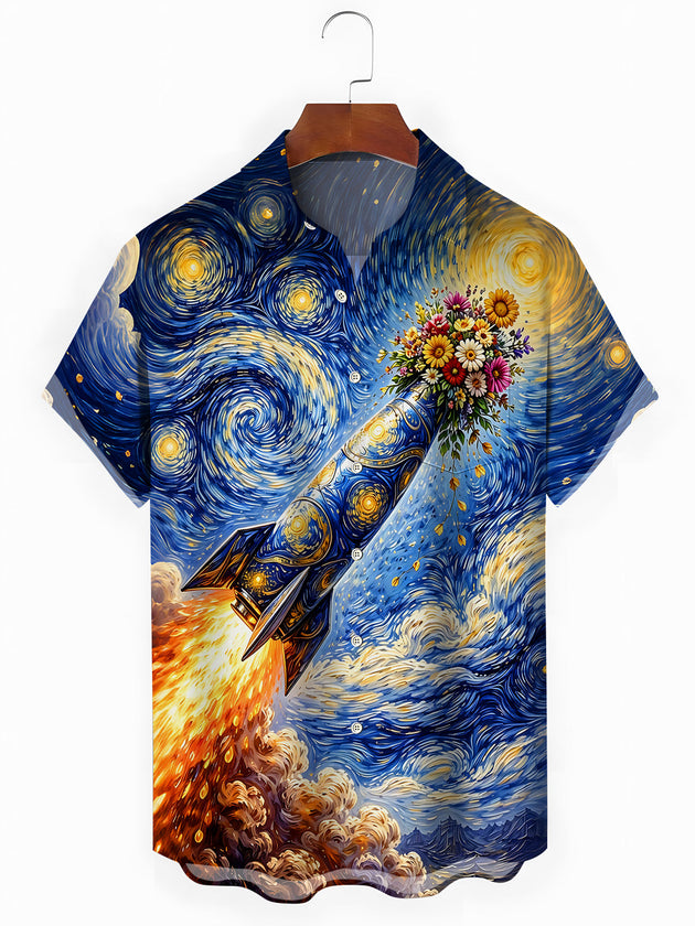 Art Starry Night Rocket With Flowers Men's Pocket Short Sleeve Shirts