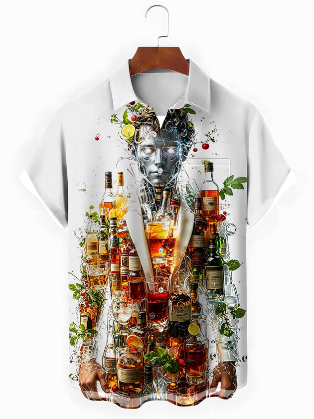 Mechanical Robot Gentleman Whiskey Bottles Men's Pocket Short Sleeve Shirts