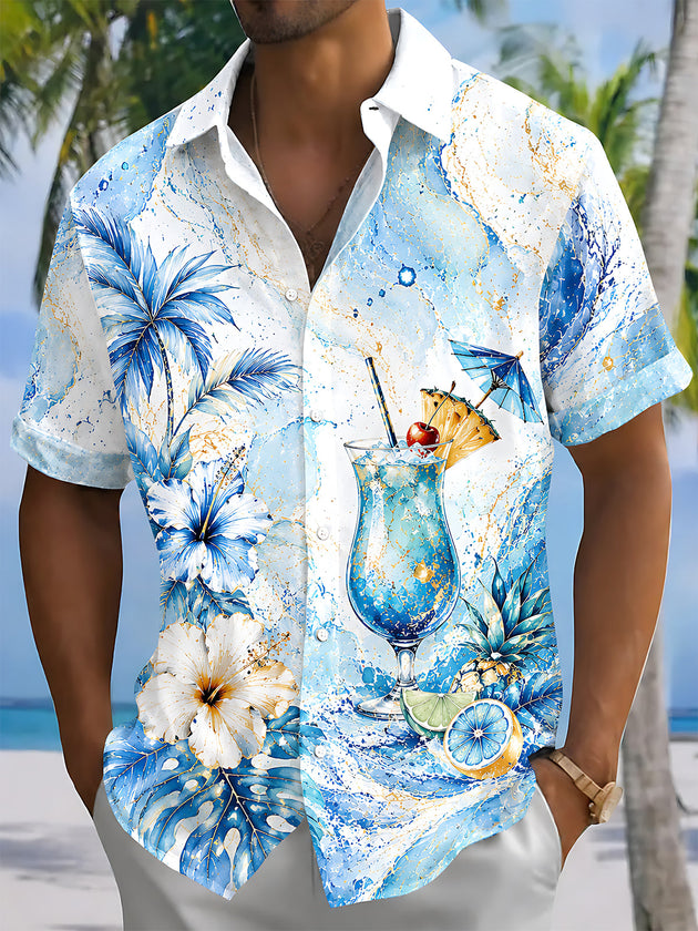 Hawaii Art Gilded Cocktail Tropical Leaves And Flowers Men's Pocket Short Sleeve Shirts