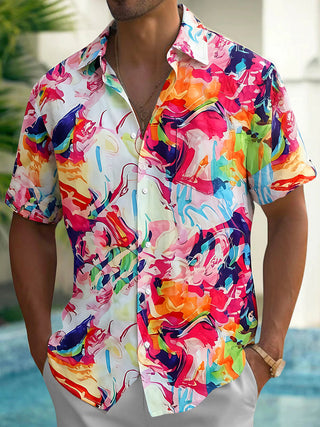 Adaychic Men's Abstract Swirl Graphic Print Short Sleeve Button Down Shirt with Chest Pocket