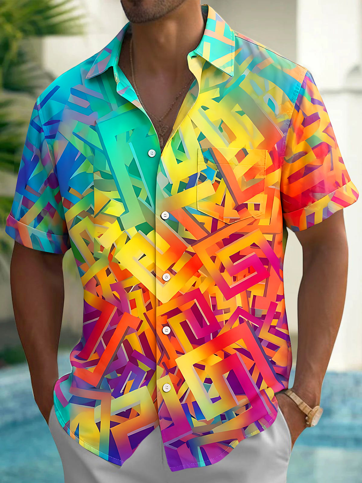 Colorful 3D Geometric Maze Men's Pocket Short Sleeve Shirts
