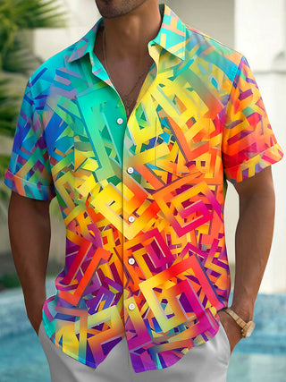 Adaychic Men's Abstract 3D Geometric Squares Print Short Sleeve Button Down Shirt with Chest Pocket