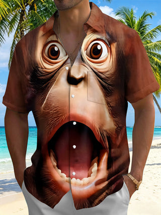 Adaychic Men's 3D Monkey Face Graphic Print Short Sleeve Button Down Shirt with Chest Pocket