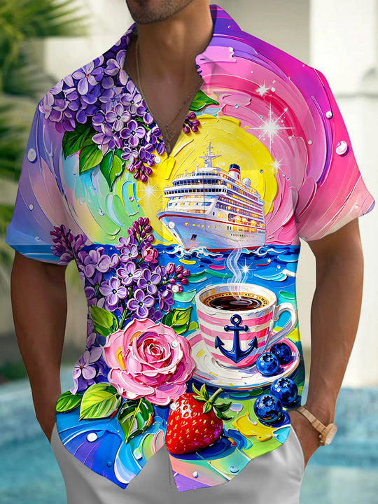 Art Cruise Ship Fruit Rose Coffee Oil Painting Men's Pocket Short Sleeve Shirts