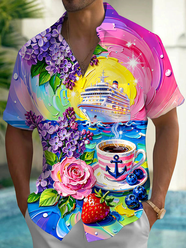 Art Cruise Ship Fruit Rose Coffee Oil Painting Men's Pocket Short Sleeve Shirts