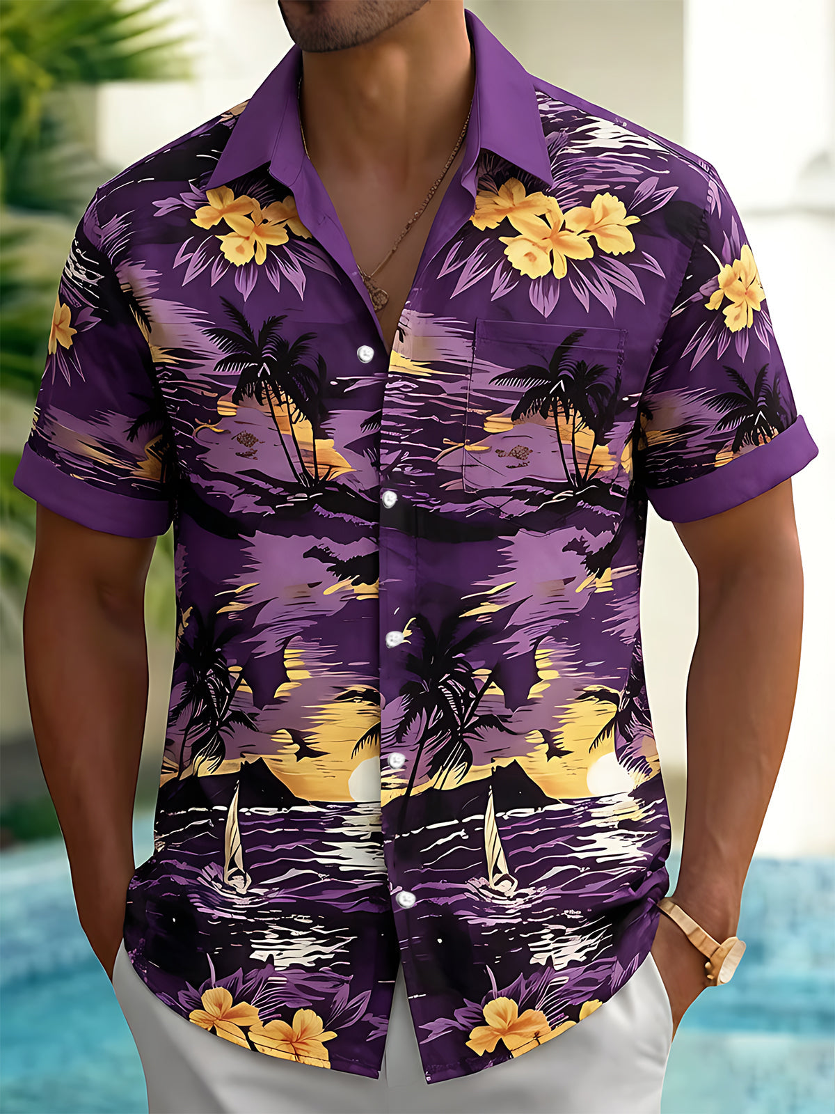 Hawaii Island Palm Hibiscus Leaves Flowers Sailboat Men's Pocket Short Sleeve Shirts