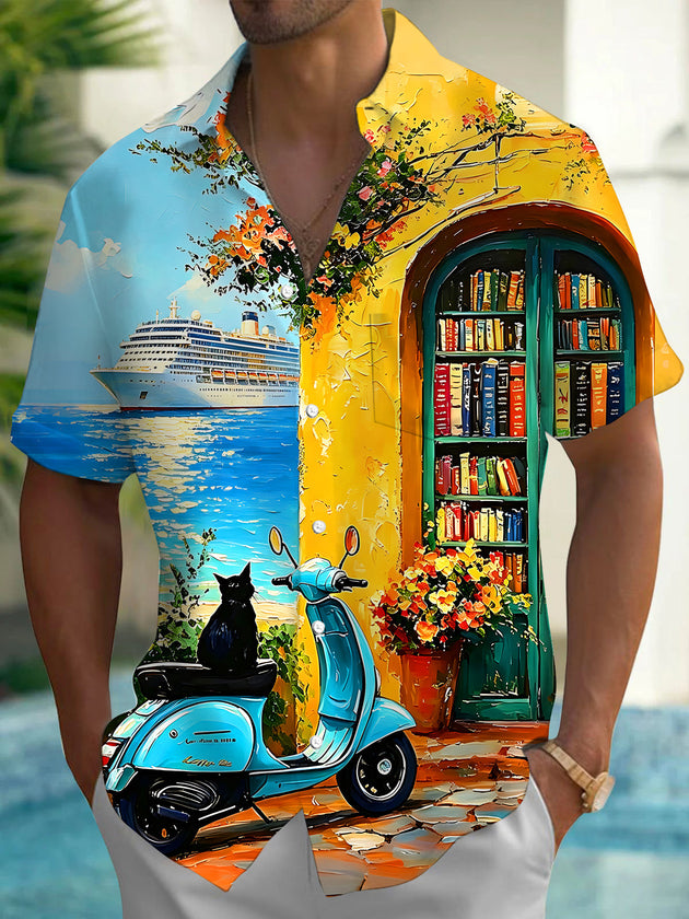 Art European Town Scooter Cruise Black Cat Oil Painting Men's Pocket Short Sleeve Shirts