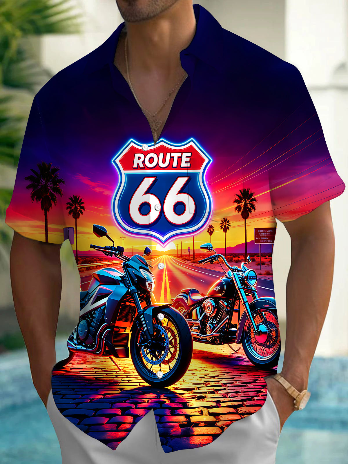 Route 66 Sunset Retro Hawaii Motorcycles Men's Pocket Short Sleeve Shirts