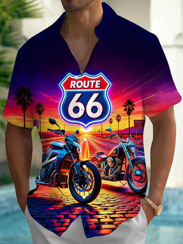 Route 66 Sunset Retro Hawaii Motorcycles Men's Pocket Short Sleeve Shirts