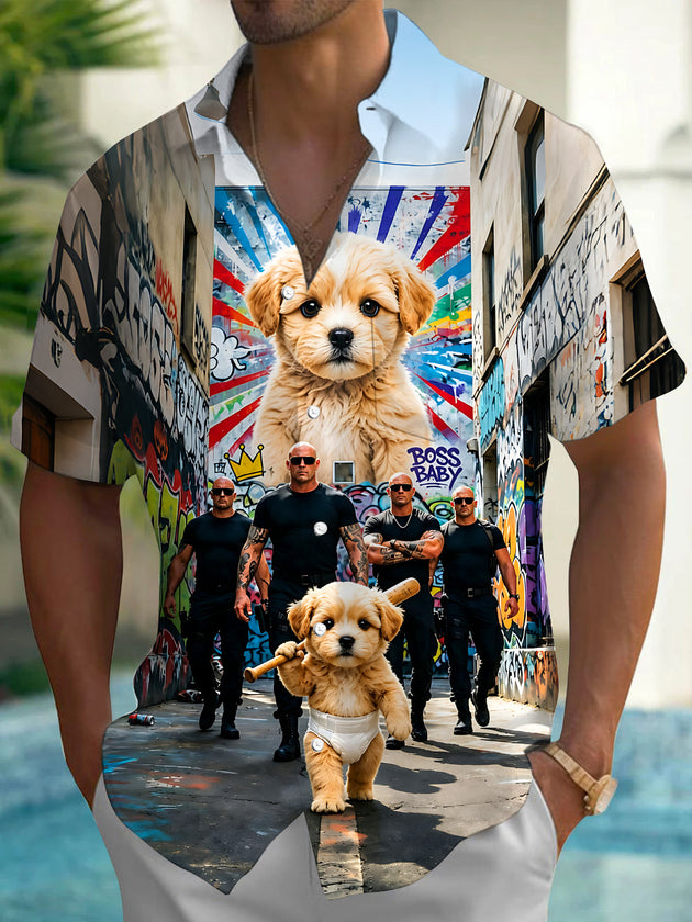 Fun Street Graffiti Cool Golden Puppy Bodyguards Men's Pocket Short Sleeve Shirts