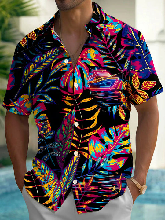 Neon Colorful Tropical Leaves Cruise Men's Pocket Short Sleeve Shirts
