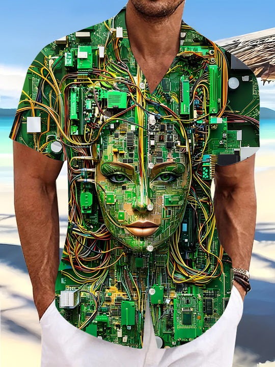 Circuit Board Mechanical Human Face Men's Pocket Short Sleeve Shirts