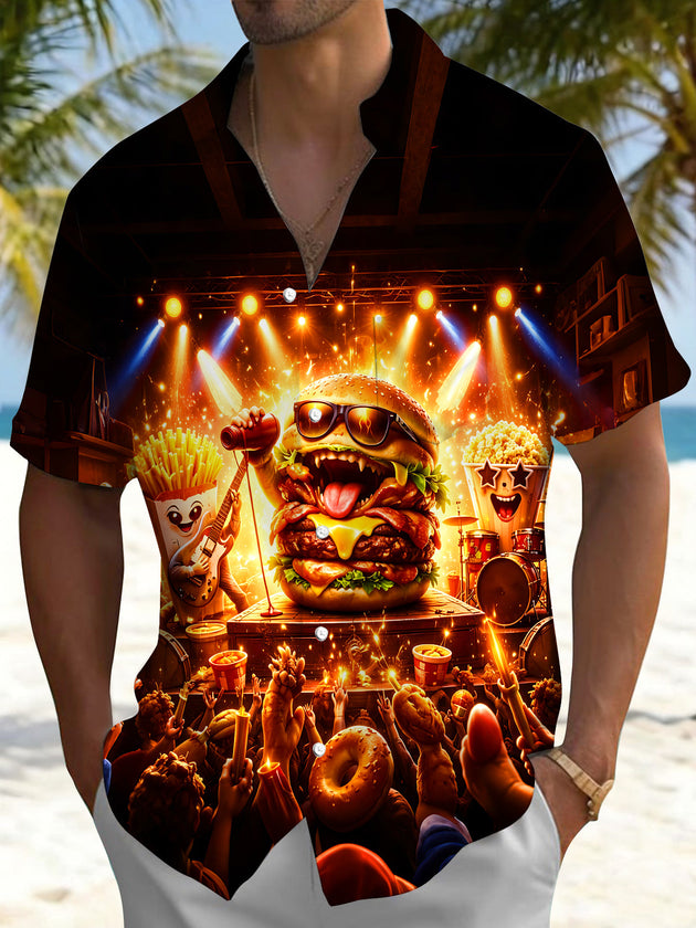 Fun Rock Music Stage Burger Food Band Men's Pocket Short Sleeve Shirts
